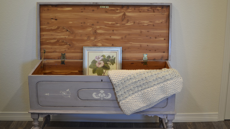 A chalk-painted cedar chest with various items inside