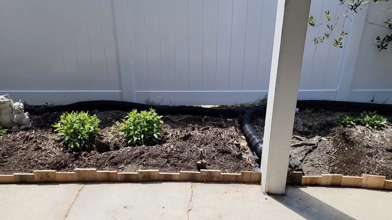 A flower bed between a fence and a concrete patio with cedar edging.