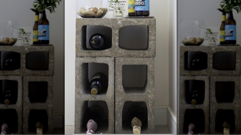 Wine rack made out of concrete blocks.