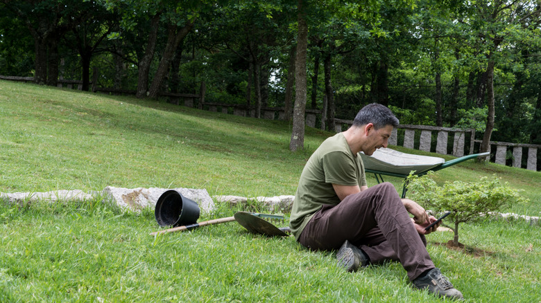 A gardener sits on the lawn to take a break and look at his phone while working in his sloped backyard.