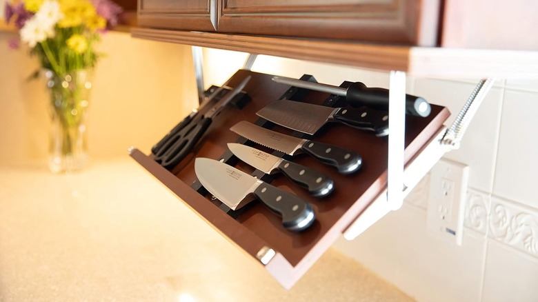 Cookbooks holding kitchen knives