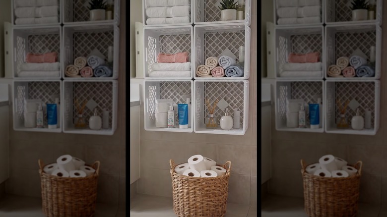 Milk crates turned into floating bathroom shelves