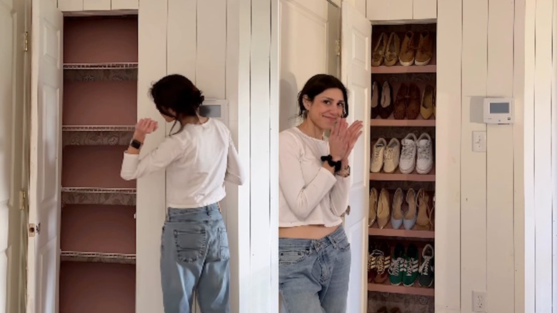 A woman setting up wire shelves inside a closet