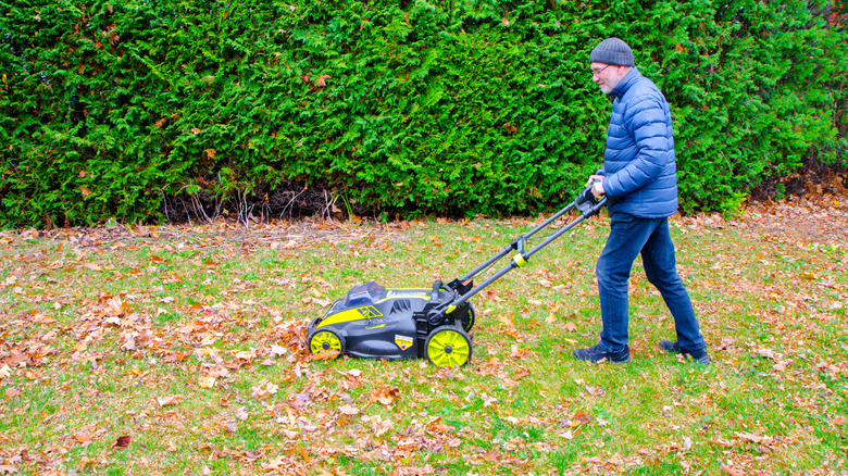 Man using a lawn mower over autumn leaves