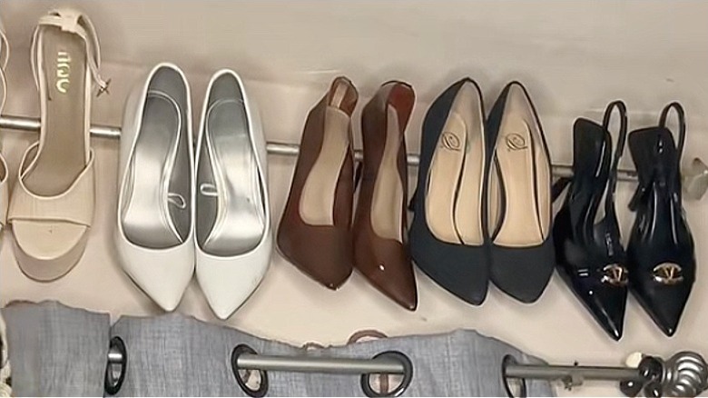 DIY heel storage using a curtain rod.