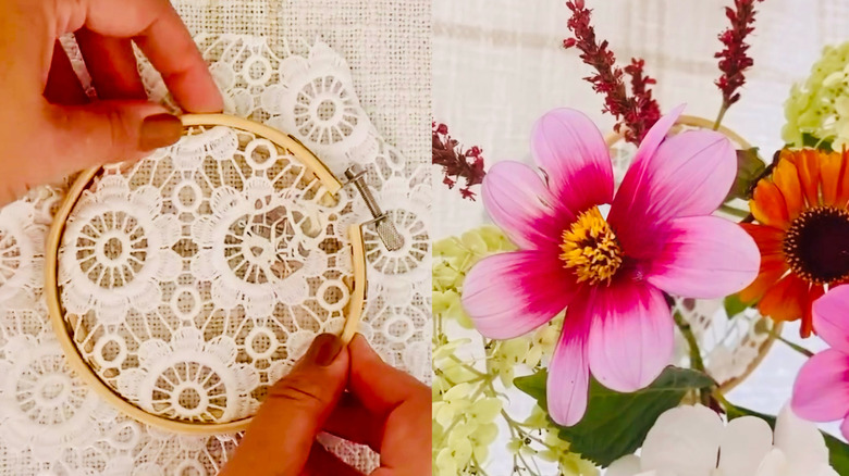 At left, lace being place in an embroidery hoop; right, flowers are arranged by being being placed in the openings in the lace.