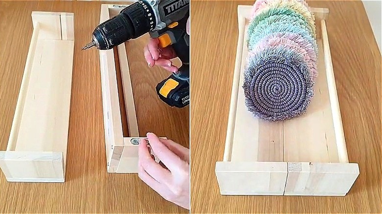 Colorful crafted coasters stacked inside two IKEA BEKVAM spice racks