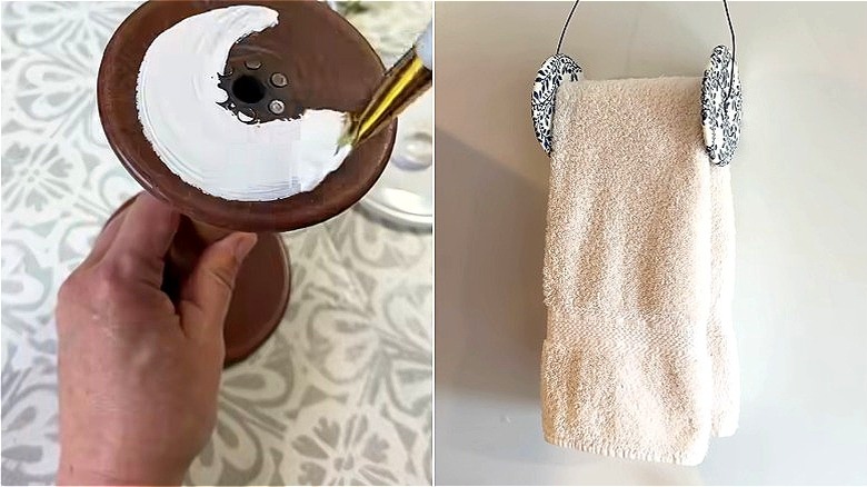 Split image of a vintage wooden spool being painted and a towel hanging from a decorated wood holder