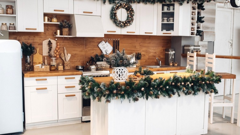 Kitchen cabinets decorated for Christmas