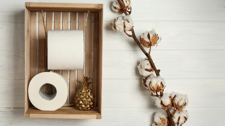 A roll of toilet paper hangs from string above an extra roll and gold pineapple decor inside a crate next to a dried cotton twig.