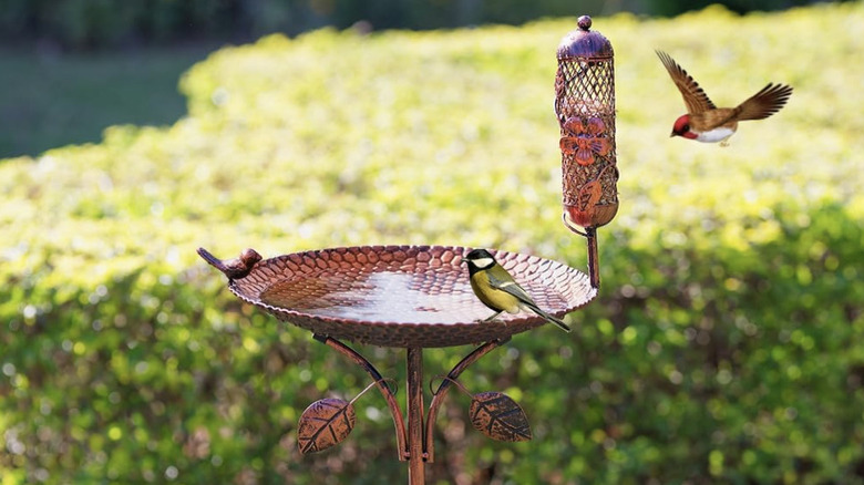 A copper-colored bird bath with leaf detailing and a feeder on the side.