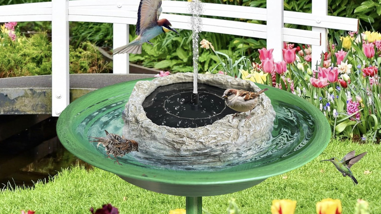 A stone-look solar fountain in a green bird bath with several visiting birds.