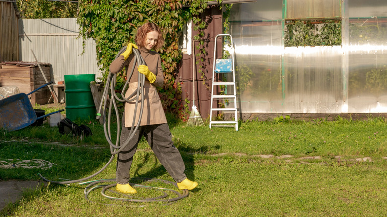 Woman lugging long garden hose on shoulder