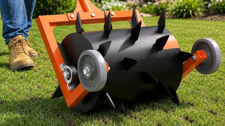 Person using a spike aerator on a lawn