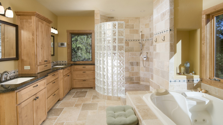 A retro bathroom using glass blocks as a curved shower enclosure