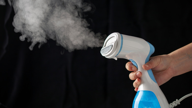 A up close look at a travel-sized clothes steamer.