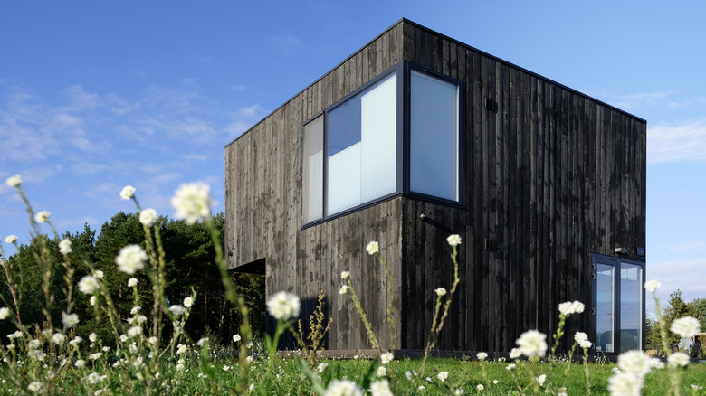 Modern square home made out of Shou sugi ban black timber