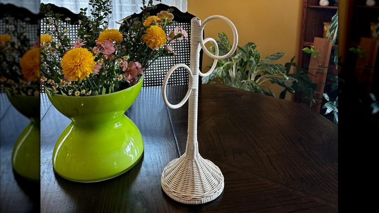 vintage white wicker towel holder