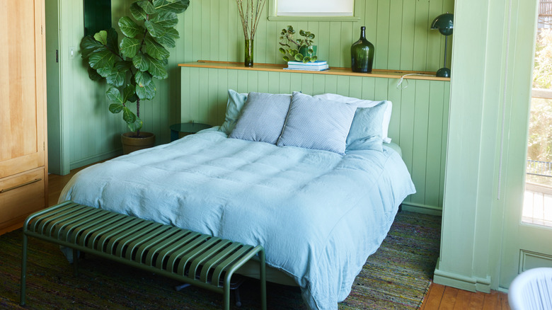 Decorative items are arranged on a mini wall behind a bed in a sage green bedroom