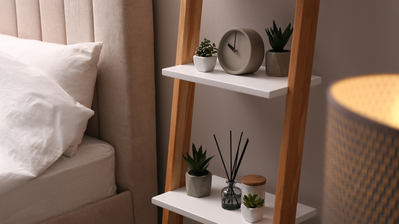 Ladder shelf in bedroom with plants