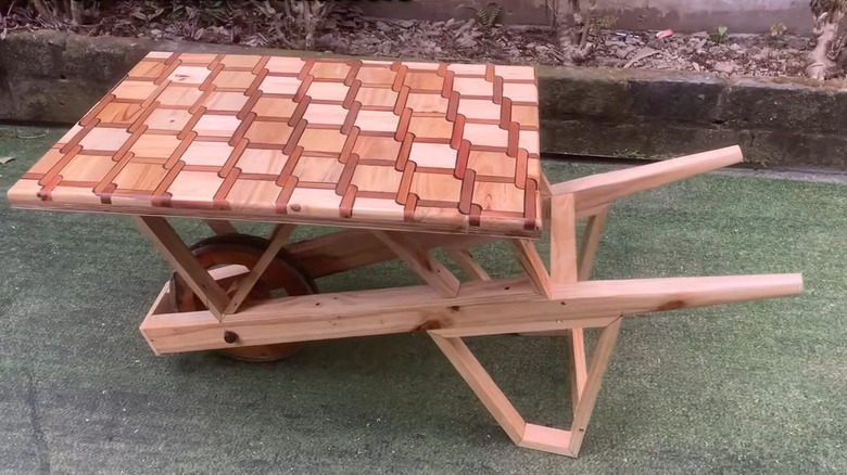 Wheelbarrow table with wood top
