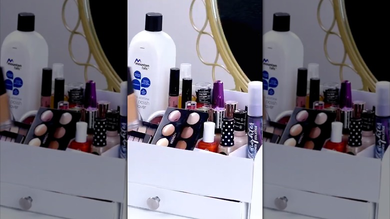 A DIY vanity organizer made from a shoe box