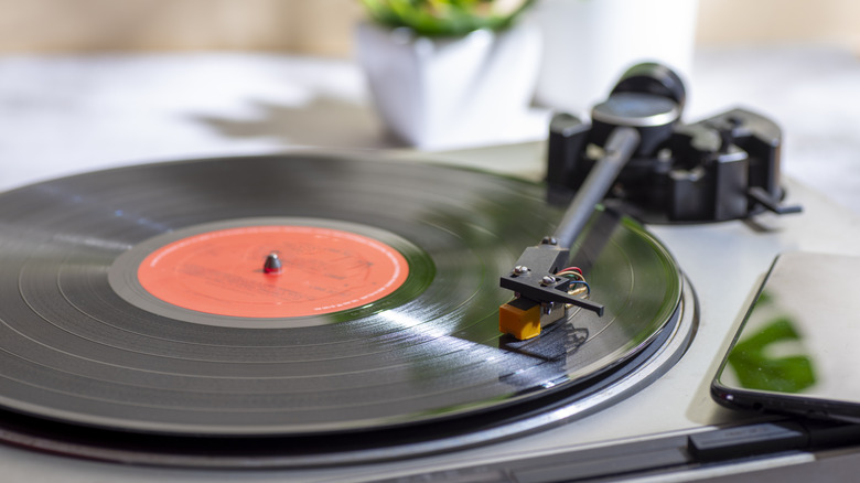 Close-up of vinyl record playing