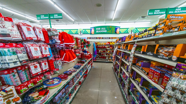 The seasonal décor aisle at a Dollar Tree store.