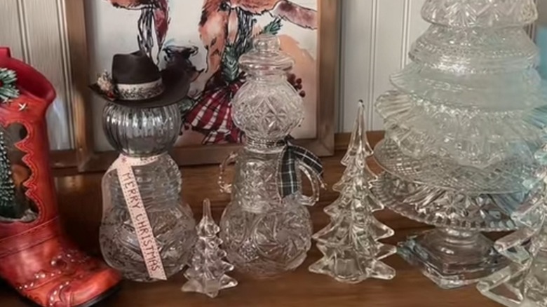 An array of snowmen made from stacked glassware