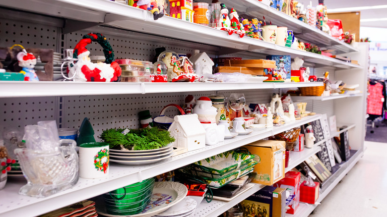Christmas-themed knick-knacks on a store shelf