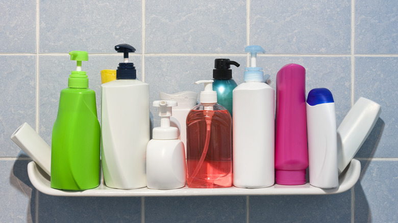 Disorganized soap bottles in the shower