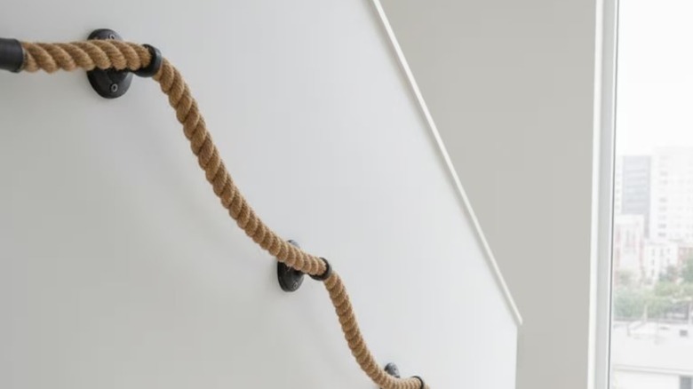 A jute rope handrail installed on a white wall in a house
