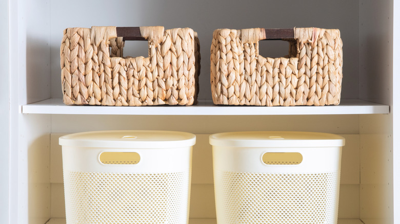 examples of storage buckets inside a shelved storage unit