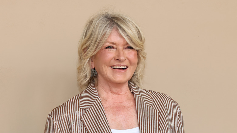 Martha Stewart poses in a brown and cream-striped blazer in front of a beige background.