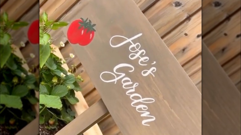 A wooden sign that reads "Jose's garden" with a tomato drawing