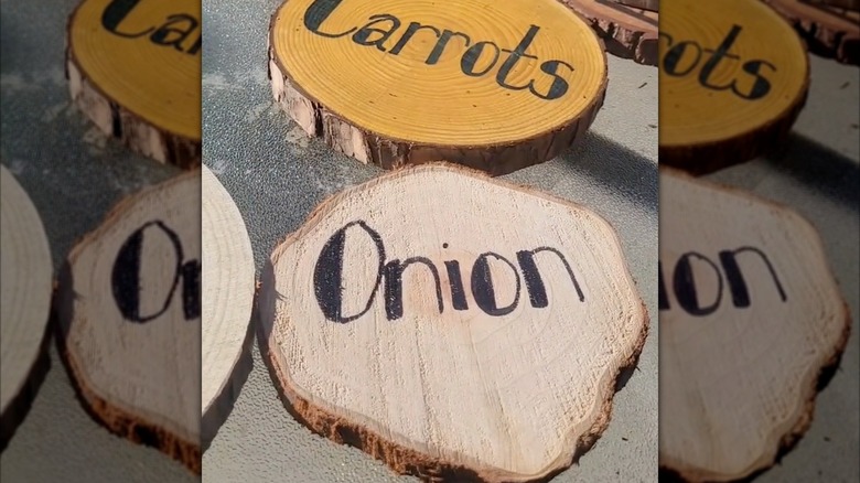Tow round wooden signs with the words onion and carrots written on them