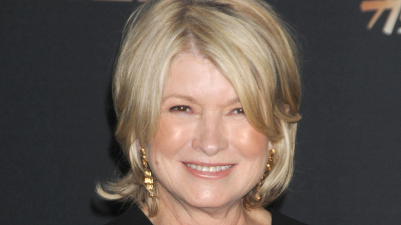 Domestic author and creator Martha Stewart in front of a black background during a PR event