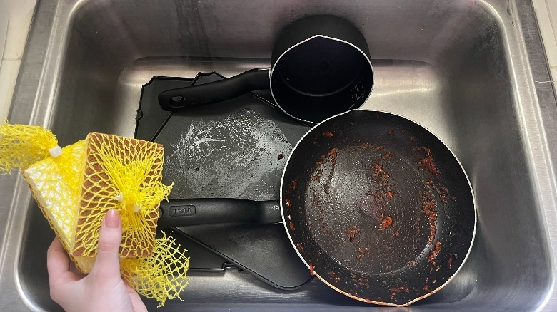 Dirty dishes and mesh sponges