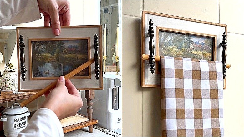 Split image of a picture frame-turned-holder DIY, and a towel hanging from an old picture frame holder