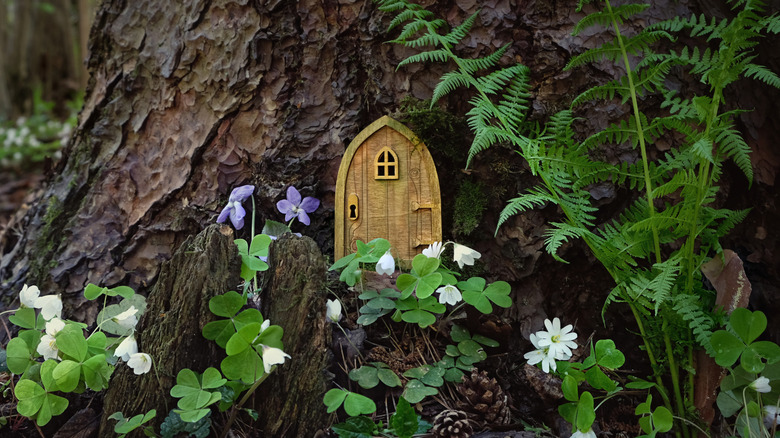 miniature fairy door in the base of a tree with small flowers and a fern growing nearby