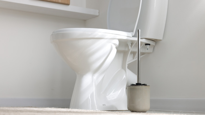 Toilet and toilet brush in white bathroom