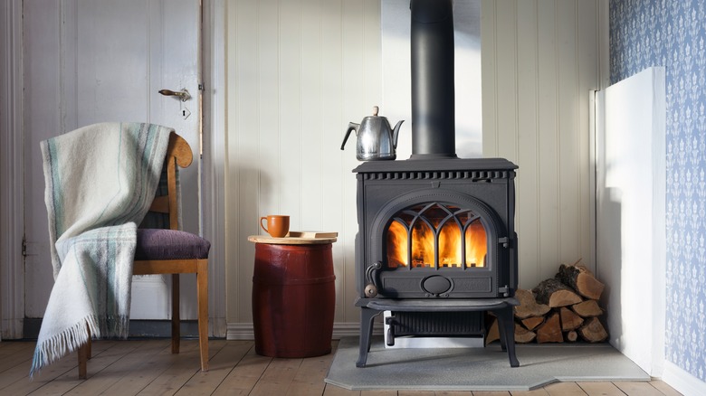 wood stove with floor mat