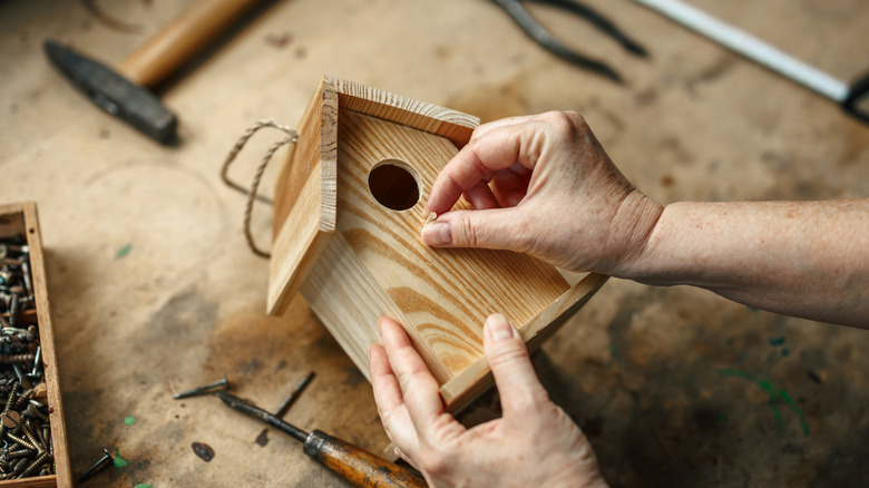 Person adding a perch while making a DIY wooden birdhouse