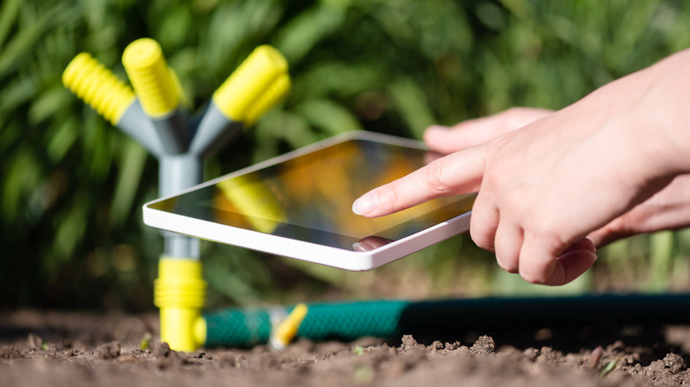 person controlling sprinkler with tablet