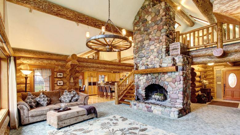 high ceilinged log cabin interior