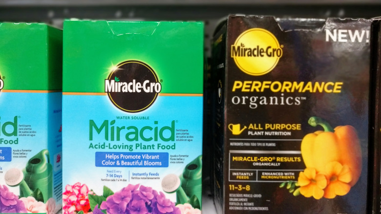 Plant food containers on a store shelf