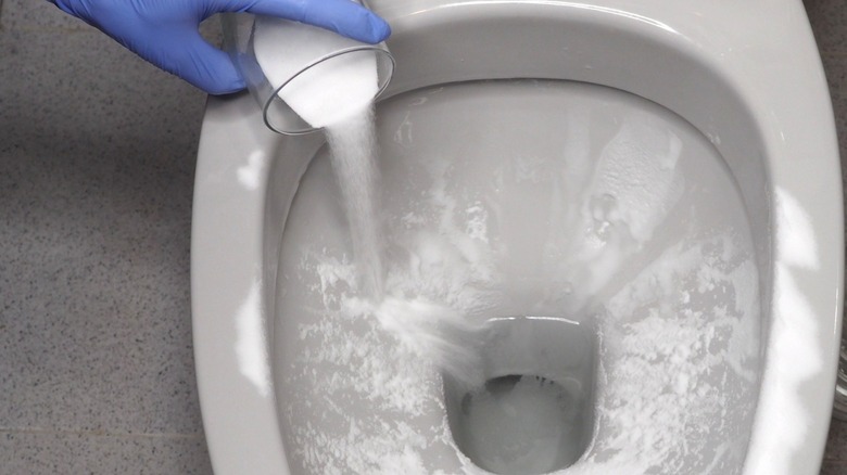Cleaning toilet with powder cleaner 