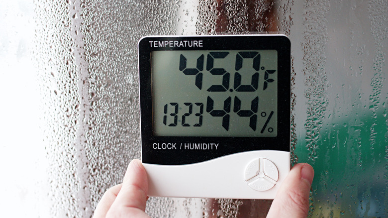 Hand holding a hygrometer