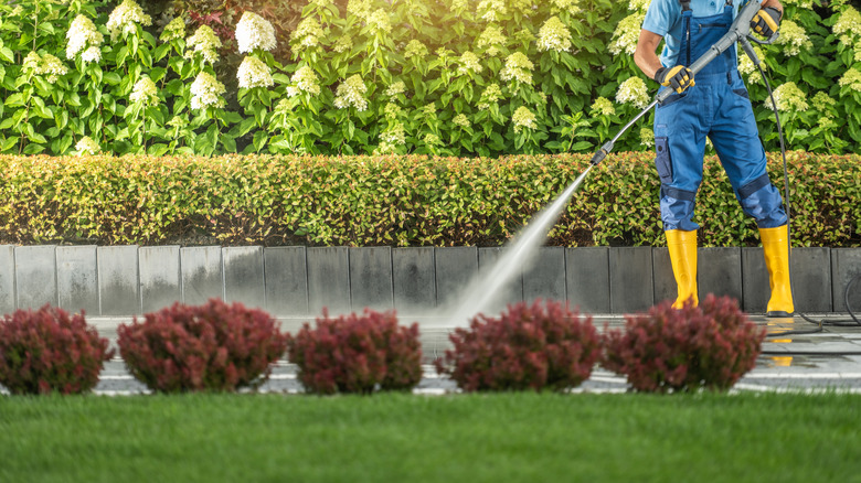 a man is cleaning a driveway with a pressure washer