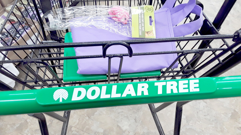A Dollar Tree cart with a purple tote bag and cat toy in it